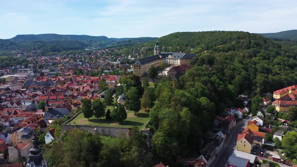 Panoramic aerial view of castle Heidecksburg, Rudolstadt, Thuringia, Germany.