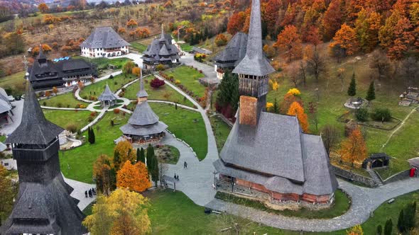 Aerial drone view of the Barsana Monastery, Romania. Main church and other buildings