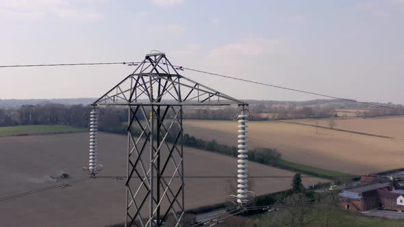 High Voltage Electrical Pylon Close Up Aerial View