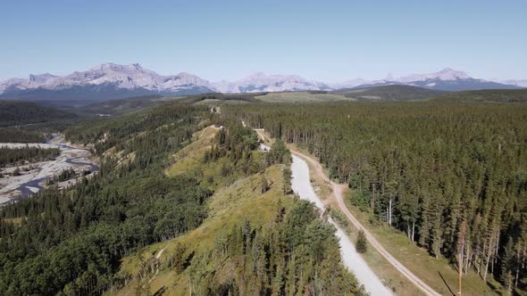 Vast, endless coniferous forest with a Rocky Mountain backdrop on a sunny day in Canada. Aerial wide