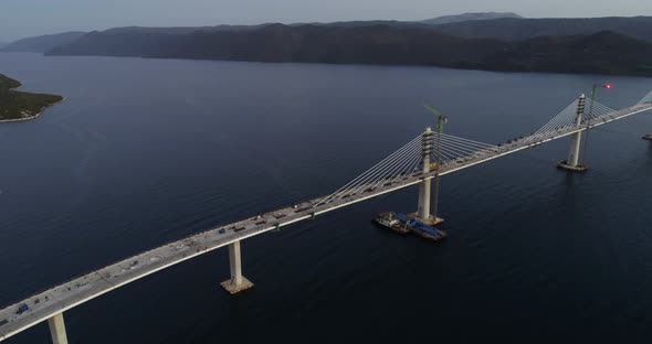 Aerial view of Peljeski bridge crossing the Bay of Mali Ston in Croatia.