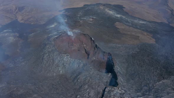 Iceland Fagradalsfjall Volcano Flying Above Volcanic Fissure Cone Black Lava Landscape Circle Pan