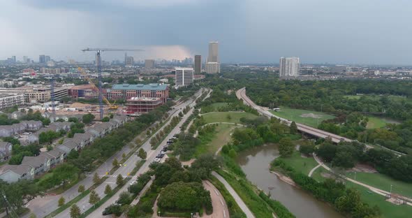 Aerial view of city of Houston landscape near the Buffalo Bayou. This video was filmed in 6k and dow
