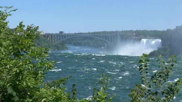 Rainbow Bridge between Canada and the USA with Niagara Falls River.