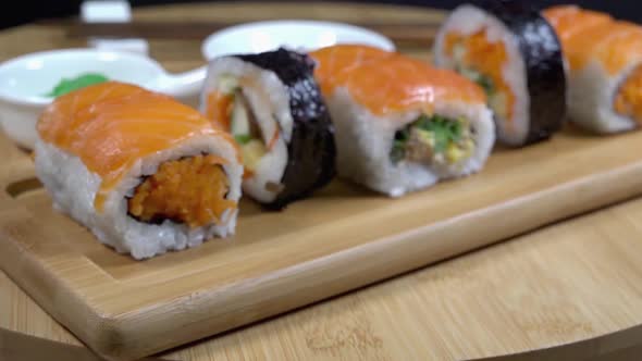 Slider Shot of Fresh Sushi on a Bamboo Board