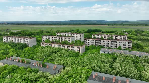 Aerial view of an abandoned housing estate in the village of Sarmellek in Hungary