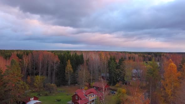 Aerial drone shot, towards colorful autumn trees, on a cloudy fall day, in the countryside of Sweden