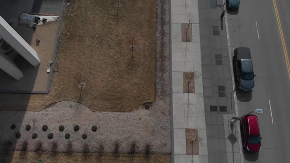 Bird’s eye view footage traffic in a street at Downtown Minneapolis during afternoon