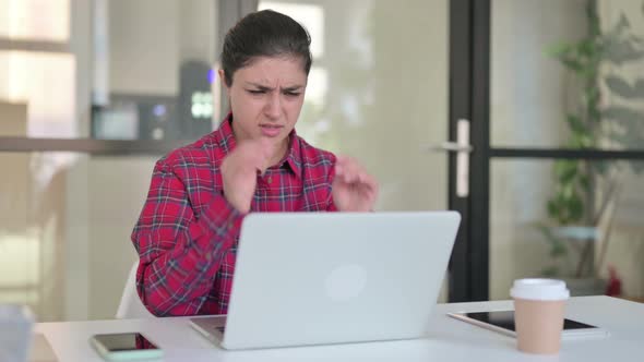 Indian Woman with Headache Working on Laptop