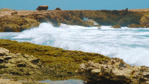 The Big Waves In The Deep Blue Ocean Slamming Into The Shoreline Filled With Sargassum During Summer