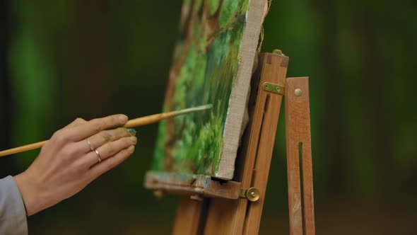 Close-up of a Female Hand with a Brush Painting a Landscape in the Plenar.