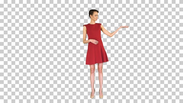 Model woman in red dress presenting something, Alpha Channel