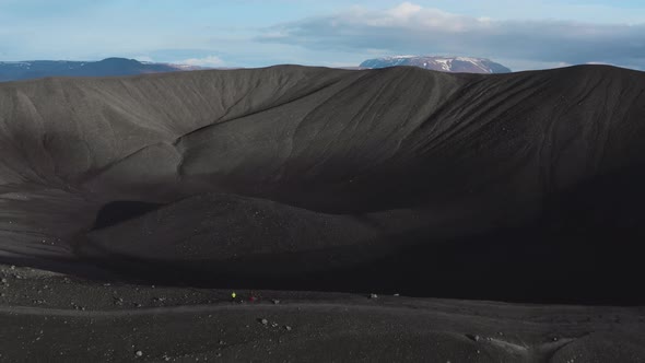 Drone Flight Over Large Black Crater Of Iceland Volcano