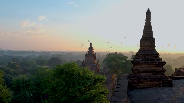 Bagan Myanmar Hot Air Balloon During Sunrise Above Temples and Pagodas of Bagan Myanmar Sunrise