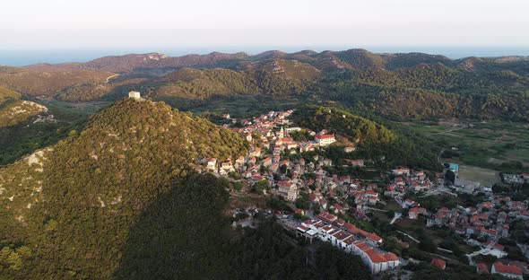 Aerial view of Lastovo town, Croatia.