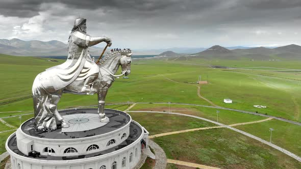 Equestrian Statue of Great Warrior Genghis Khan in Ulaanbaatar Mongolia From Aerial