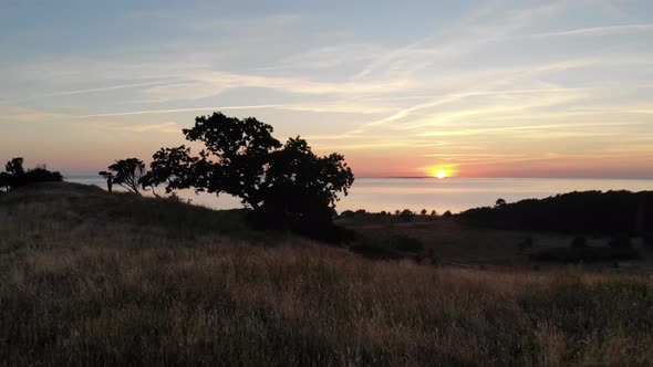 Aerial view across Sejerøbugten with beautiful sunset.