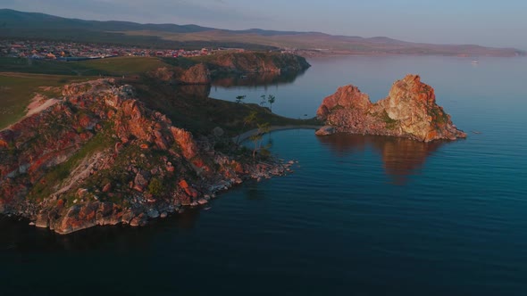 Shamanka Aerial Shot with Quadrocopter Lake Baikal, Summer Dawn