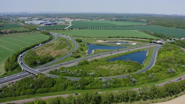 Aerial view of highway interchange. 