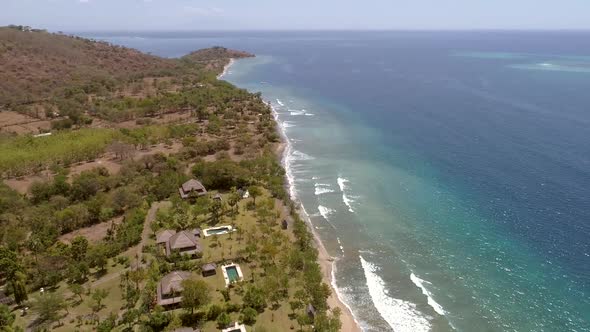 Aerial view of luxury bungalows on a resort, Bali island, Indonesia.