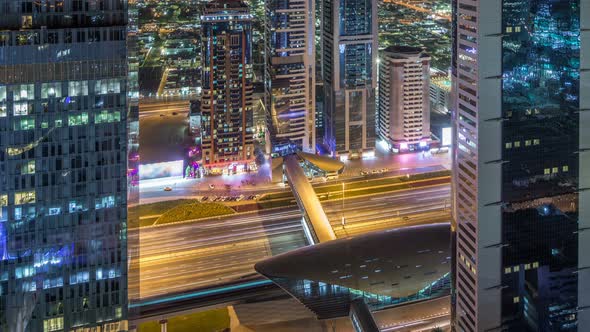 Skyline View of the Buildings of Sheikh Zayed Road and DIFC Night Timelapse in Dubai UAE