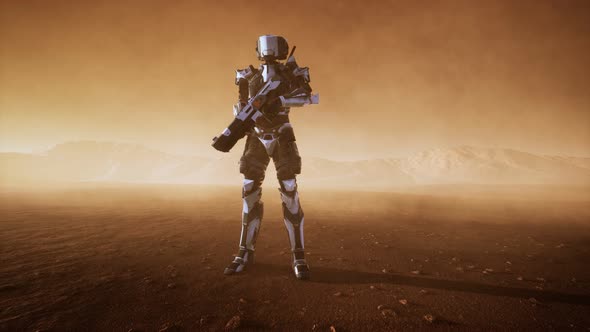 Futuristic Soldier in Desert at Sandstorm alt