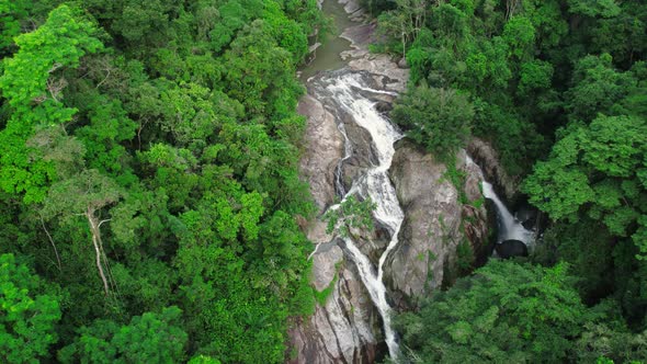 Aerial view ascending over Hin Lat waterfall in Ko Samui, Thailand