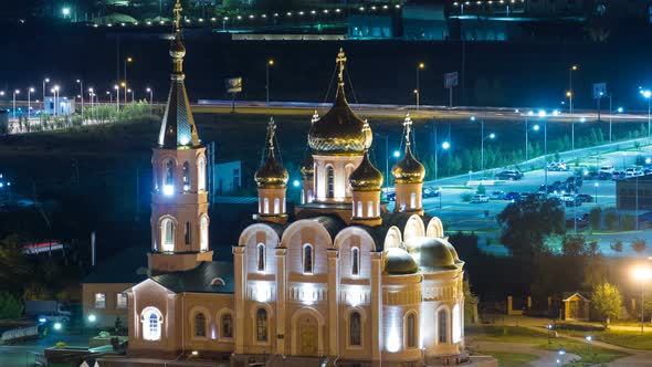 St. Nicholas Cathedral of the City of Aktobe at Night Timelapse