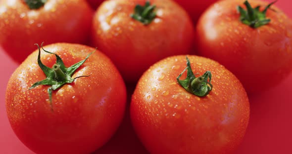 Video of close up of fresh red tomatoes on pink background