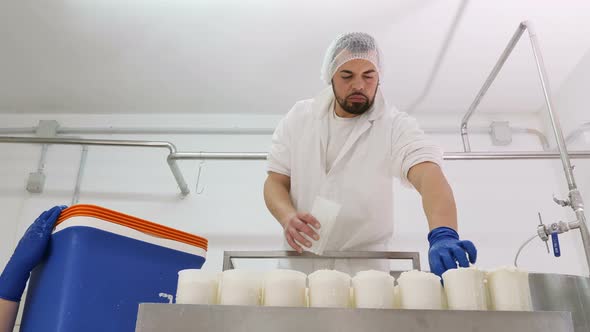 diary man passing the cheese into the molds - Cheese production