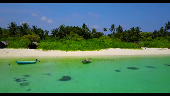 Aerial travel of perfect coast beach time by transparent sea with white sand background of adventure