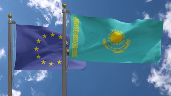 European Union Flag Vs Kazakhstan Flag On Flagpole