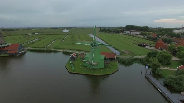 Aerial Shot of Old Windmills and Fields in Netherlands