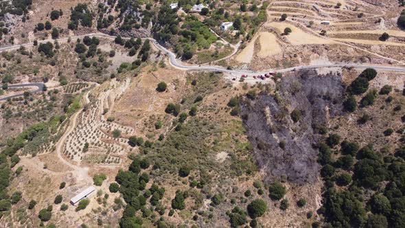 Fire Trucks in Crete Mountains Top View