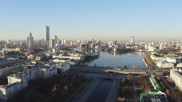 The Camera From the Drone Shoots the Center of a Modern City