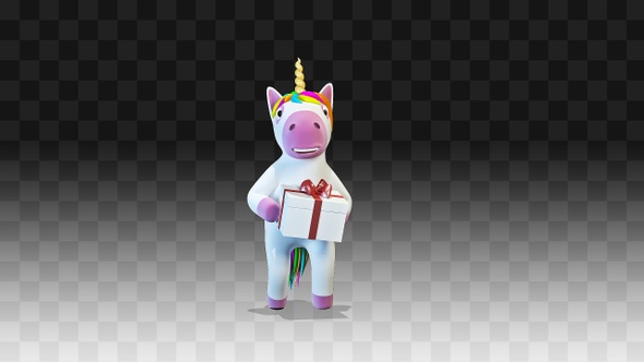 Unicorn dancing and giving a gift 