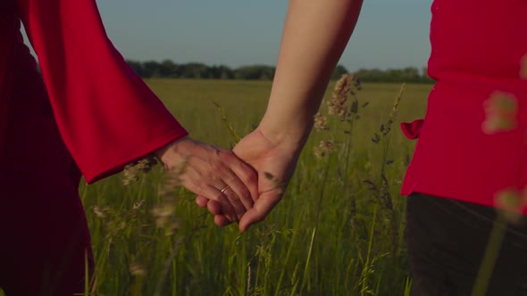 Couple Holding Hands Walkng in Field at Sunset
