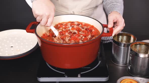 Step by step. Cooking turkey chili in enameled cast iron covered dutch oven.