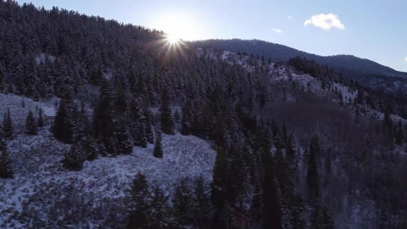 Panning snow covered mountain side as sun peaks through trees