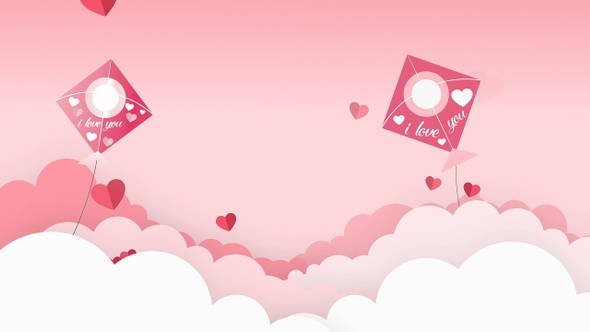 Happy Valentines Day Above The Clouds Moving Kites and Hearts