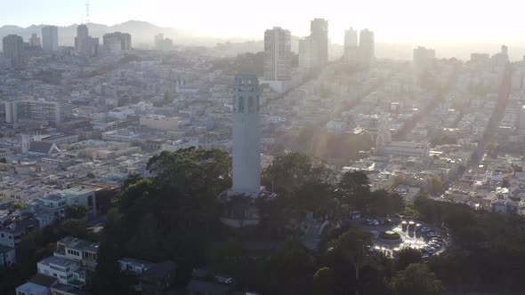 Aerial, San Francisco Coit Tower and cityscape, panning right drone 06.