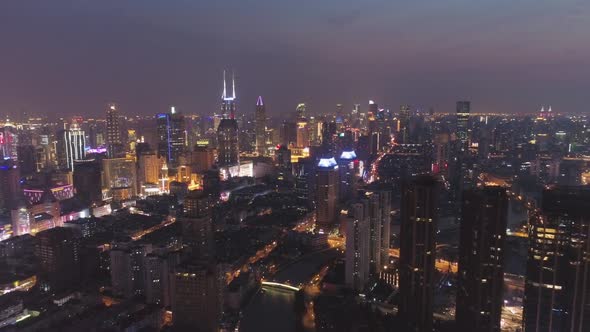 Shanghai City at Night. Huangpu Cityscape. China. Aerial View