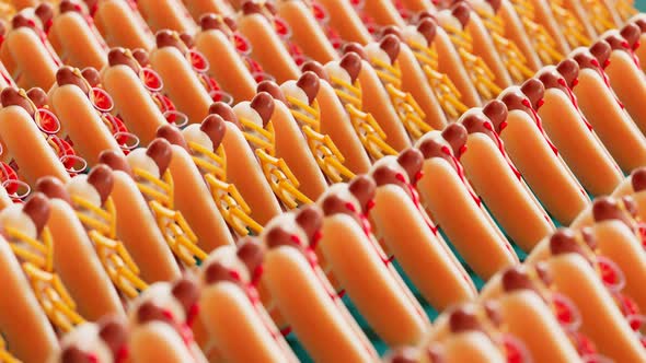 Colourful hot dogs in rows are marching and moving together in one direction.