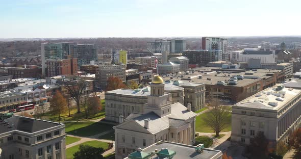 Iowa City, Iowa skyline drone videoing up.