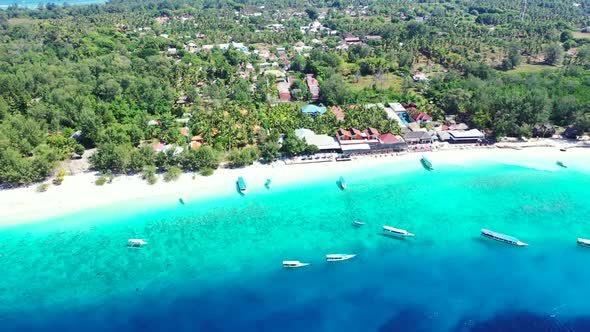 Aerial drone travel of marine bay beach adventure by shallow sea with white sand background of a day