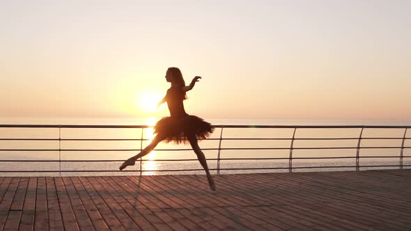 Beautiful Silhouette of Ballerina in Ballet Tutu and Point on Embankment Above Ocean or Sea at