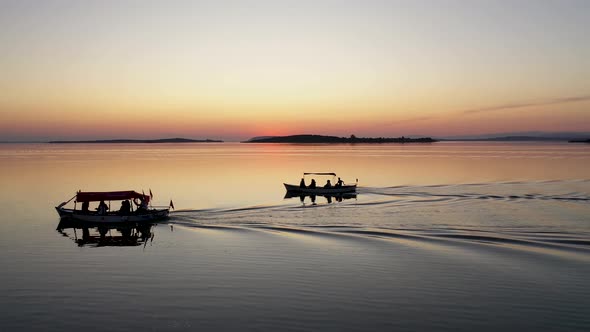 Fishing boat on lake at sunset golyazi , bursa turkey