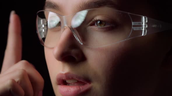 Futuristic Glasses Diagram Hologram Vision Woman Analysing Connection in System