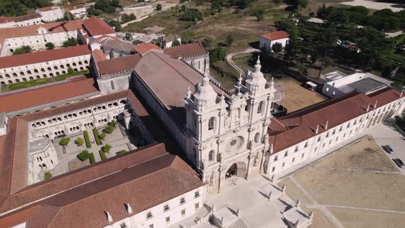 Main facade and gothic style church of Monastery of Alcobaça in Portugal, Aerial view