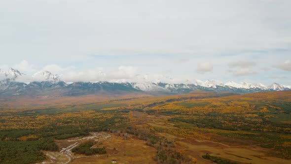 View from the drone to the surface of the earth with a mountain landscape Eastern Sayan Arshan